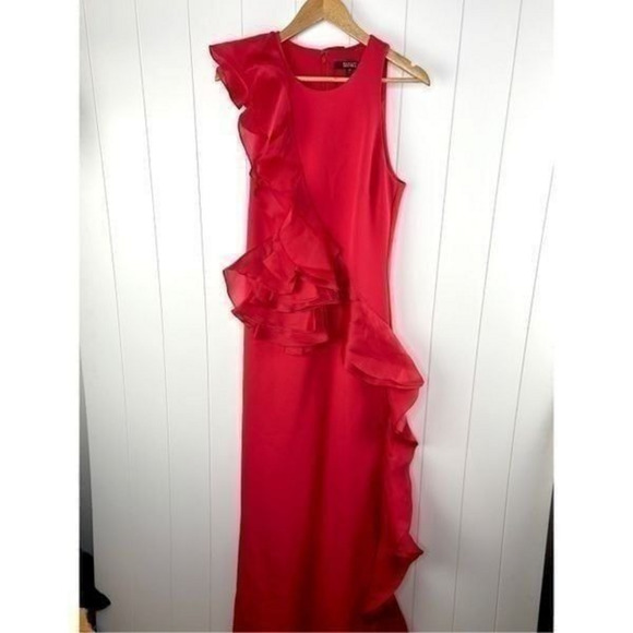 Badgley Mischka Stunning‎ Red Cascading Silk High Neck Gown Size 10 - Picture 1 of 12